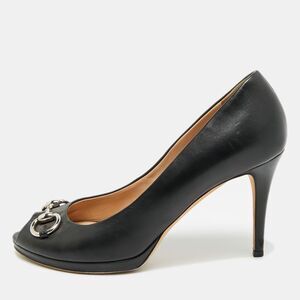 Gucci Guccissima Size 40.5 Black Leather Horsebit Peep Toe Pumps